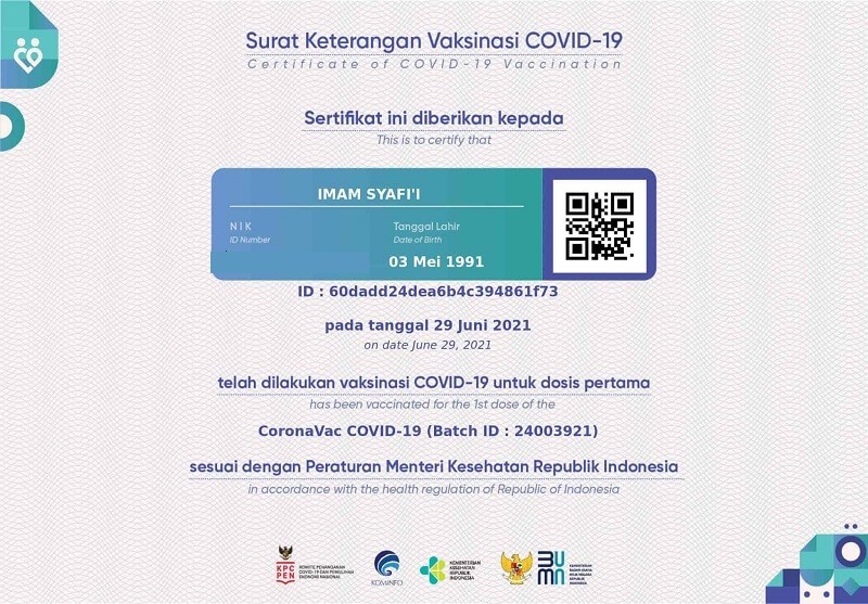 Contoh Sertifikat Vaksin Covid-19
